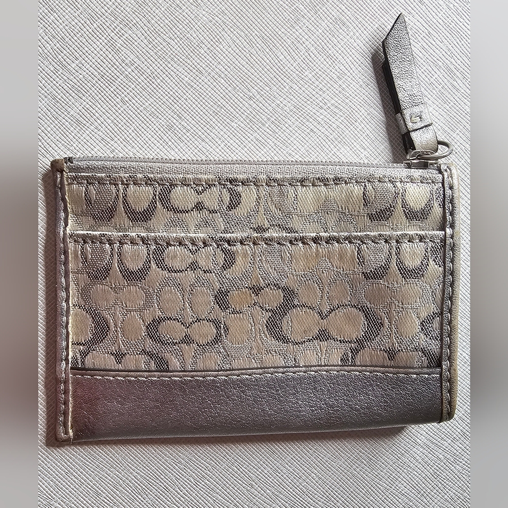 Coach Metallic Silver Jacquard Slim card case with key ring EUC - Picture 13 of 13